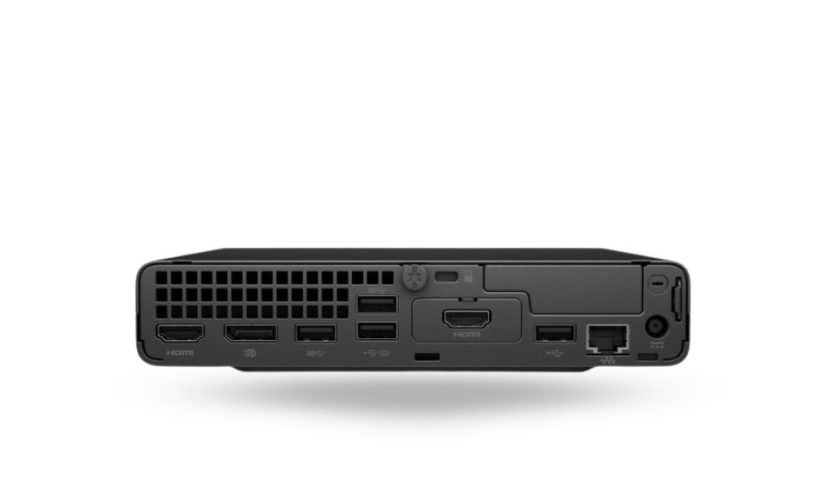 HP ProDesk 400 G6 Mini Core i5 10500T usado, vista trasera del computador compacto de escritorio.