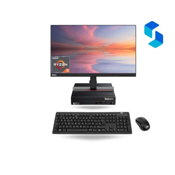 Lenovo ThinkCentre M75q Gen 2 Tiny usado con AMD Ryzen™ 5 PRO 5650GE, monitor, teclado, mouse y mini PC empresarial.