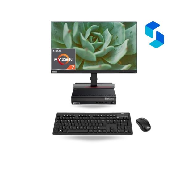 Lenovo ThinkCentre M75q Gen 2 Tiny usado con AMD Ryzen™ 7 PRO 5750GE, mini PC empresarial con monitor, teclado y mouse.