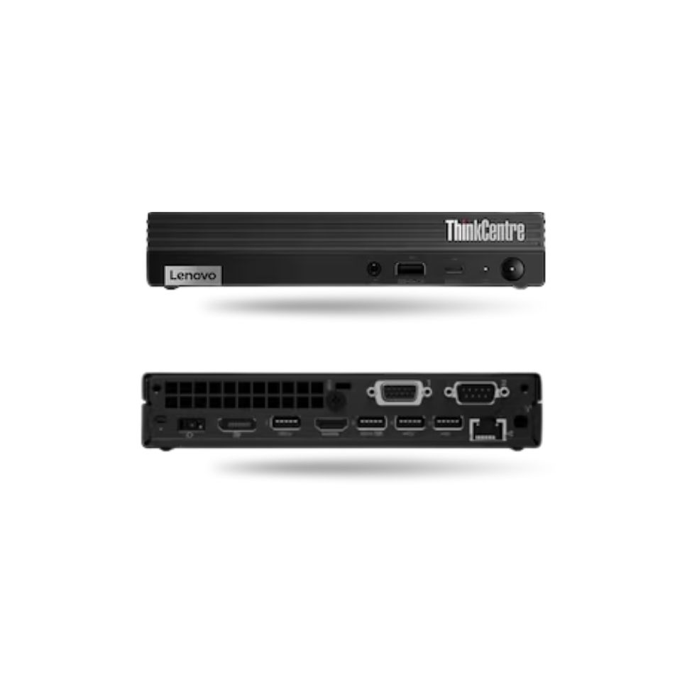 Lenovo ThinkCentre M75q Gen 2 Tiny usado mostrando la parte frontal y posterior de la mini PC con sus puertos de conexión.