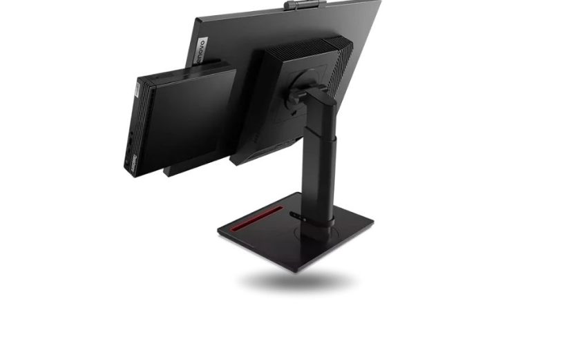 Monitor con Lenovo ThinkCentre M75q Gen 2 Tiny usado instalado en la parte posterior para optimizar el espacio de trabajo.